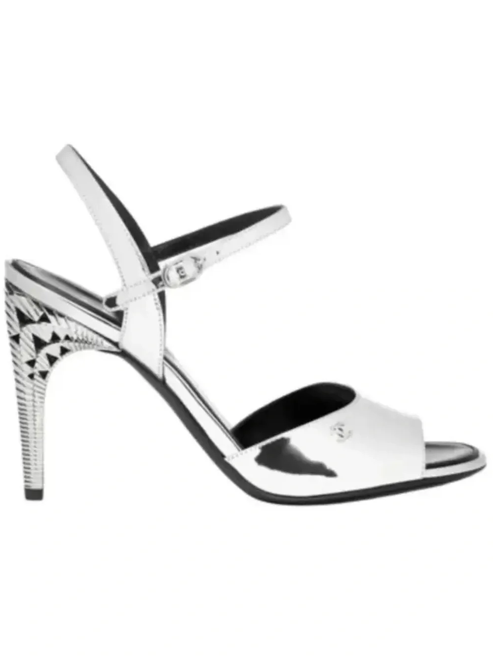 CHANEL Silver high shine mirror like effect Open-yToe Slingback Heels